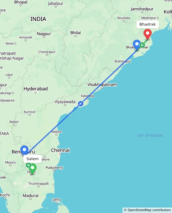 Route map showing distance and travel time from Salem, India to Bhadrak, India