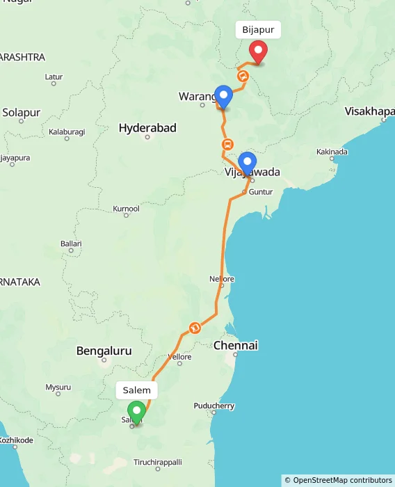 Route map showing distance and travel time from Salem, India to Bijapur, India