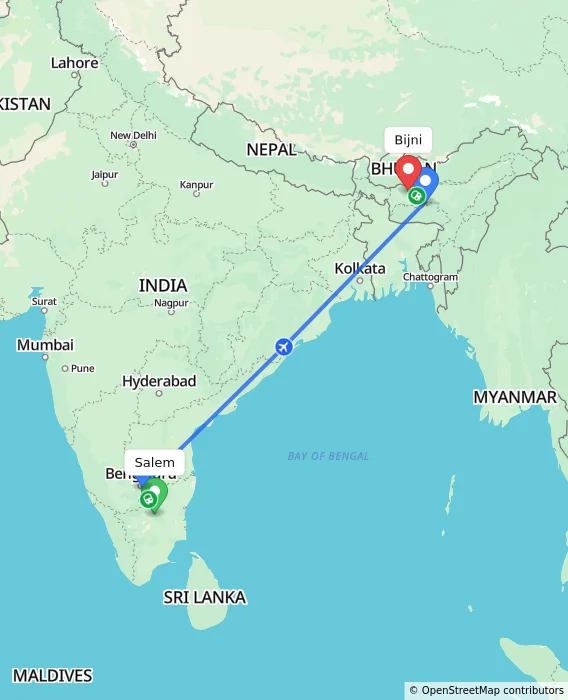 Route map showing distance and travel time from Salem, India to Bijni, India