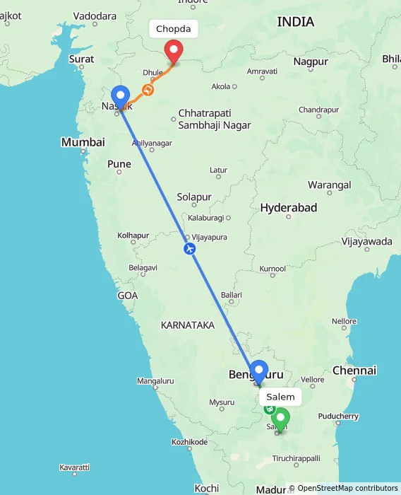 Route map showing distance and travel time from Salem, India to Chopda, India