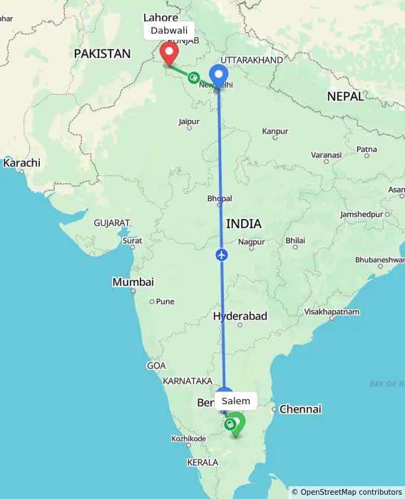 Route map showing distance and travel time from Salem, India to Dabwali, India