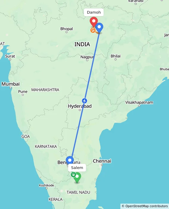 Route map showing distance and travel time from Salem, India to Damoh, India