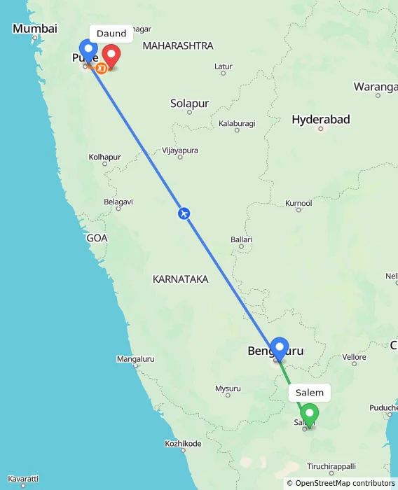 Route map showing distance and travel time from Salem, India to Daund, India
