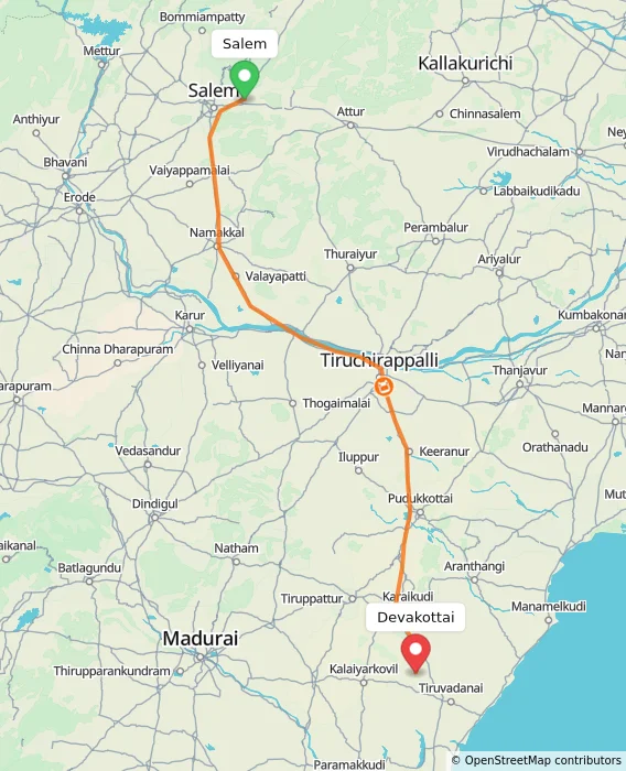 Route map showing distance and travel time from Salem, India to Devakottai, India