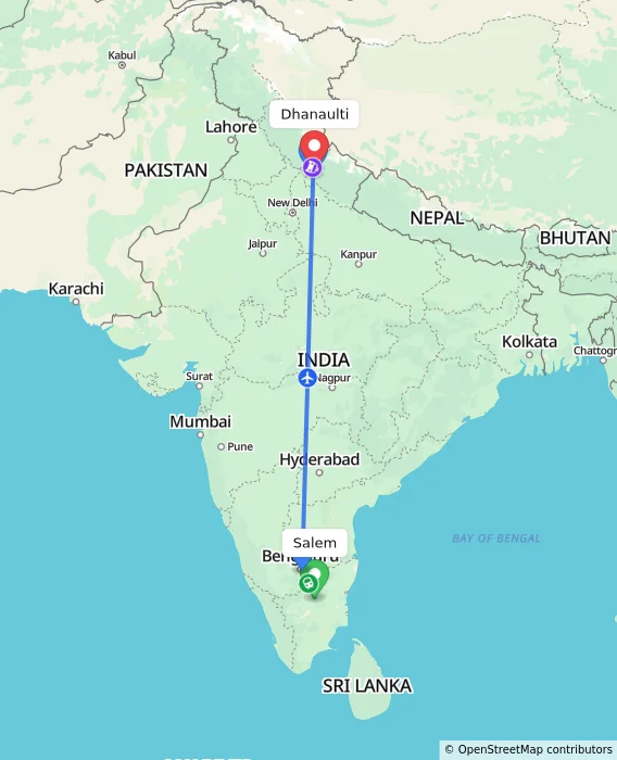 Route map showing distance and travel time from Salem, India to Dhanaulti, India