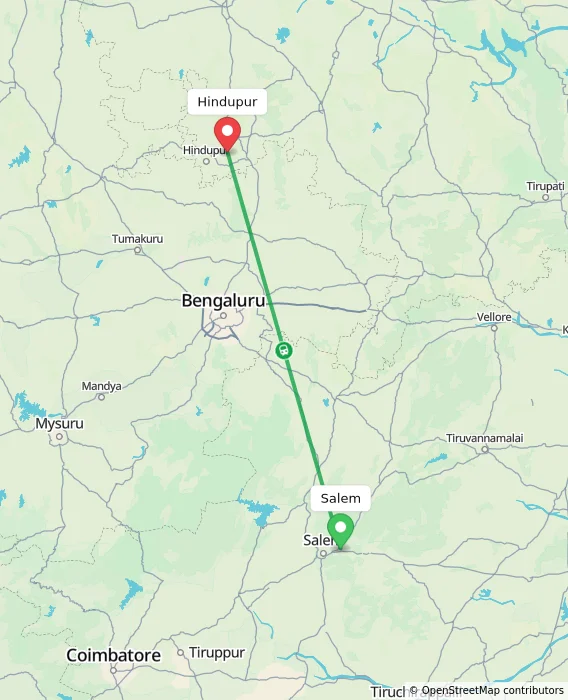 Route map showing distance and travel time from Salem, India to Hindupur, India
