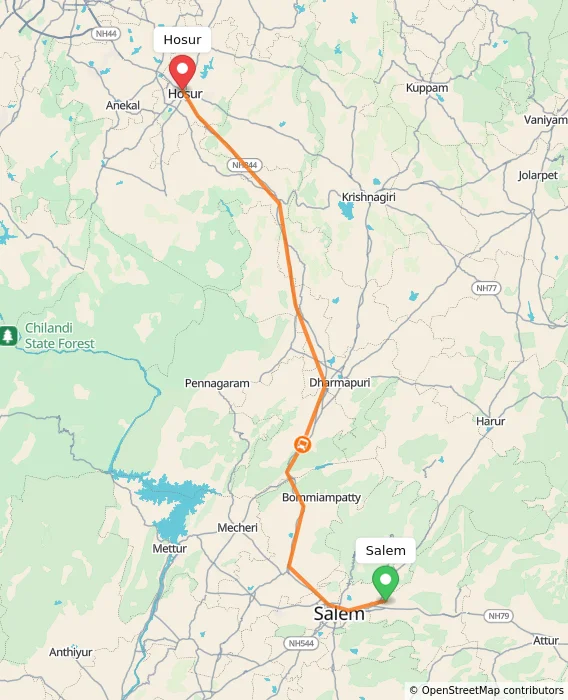 Route map showing distance and travel time from Salem, India to Hosur, India