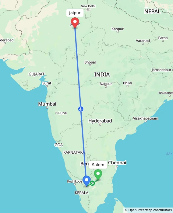 Route map showing distance and travel time from Salem, India to Jaipur, India