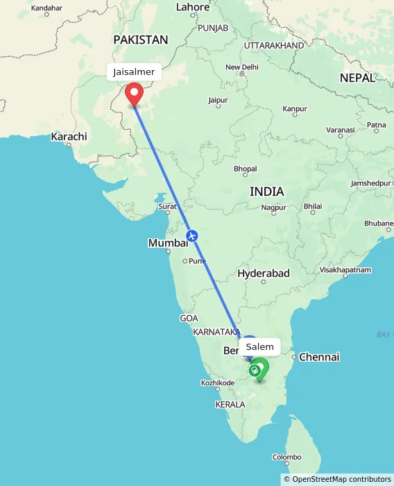 Route map showing distance and travel time from Salem, India to Jaisalmer, India
