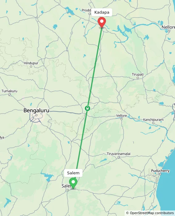 Route map showing distance and travel time from Salem, India to Kadapa, India