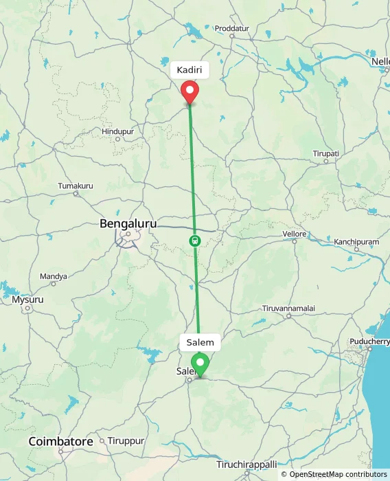 Route map showing distance and travel time from Salem, India to Kadiri, India