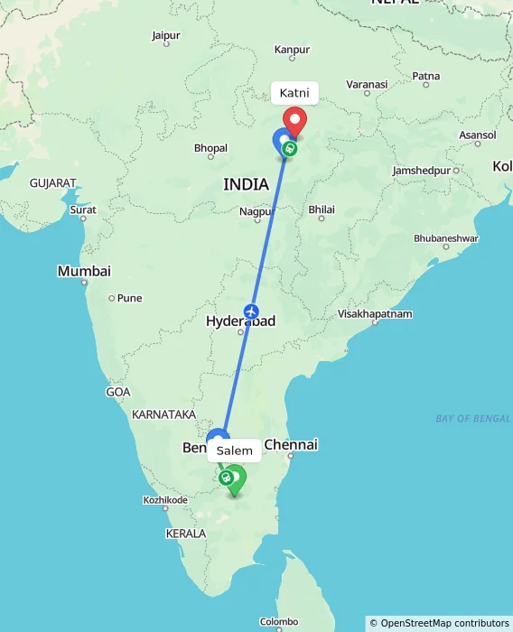 Route map showing distance and travel time from Salem, India to Katni, India