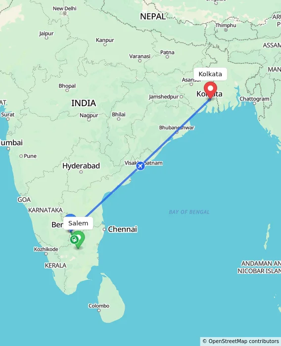 Route map showing distance and travel time from Salem, India to Kolkata, India