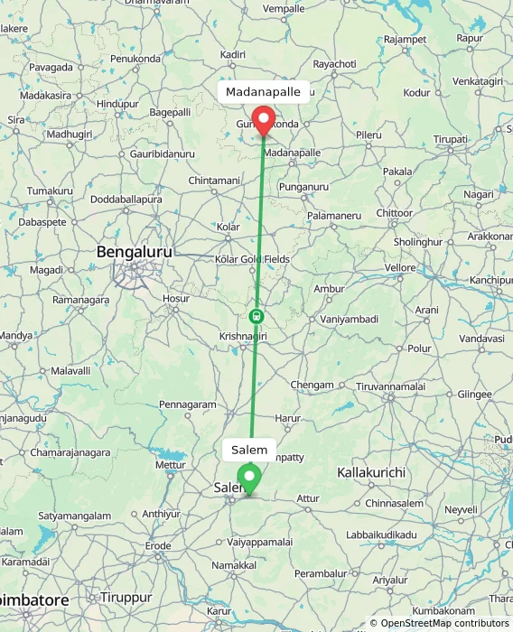 Route map showing distance and travel time from Salem, India to Madanapalle, India