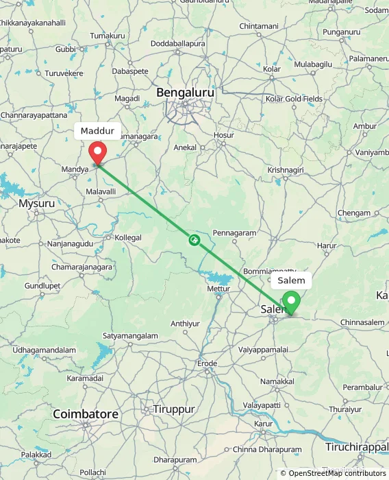 Route map showing distance and travel time from Salem, India to Maddur, India