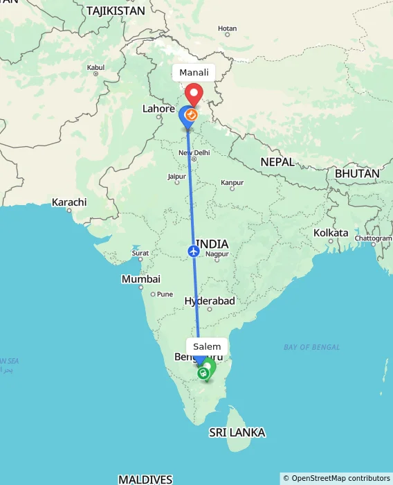 Route map showing distance and travel time from Salem, India to Manali, India