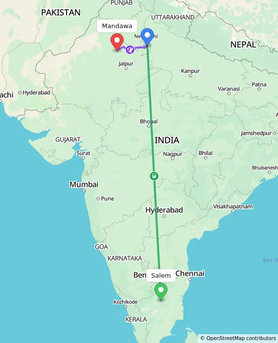 Route map showing distance and travel time from Salem, India to Mandawa, India
