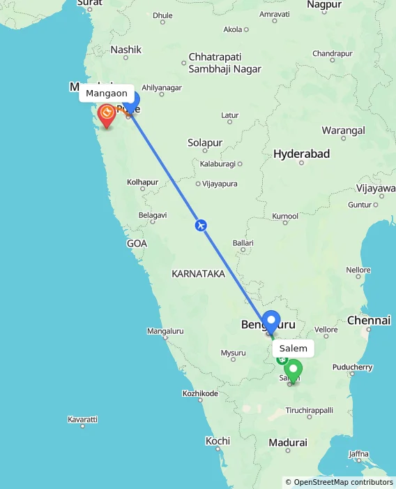 Route map showing distance and travel time from Salem, India to Mangaon, India
