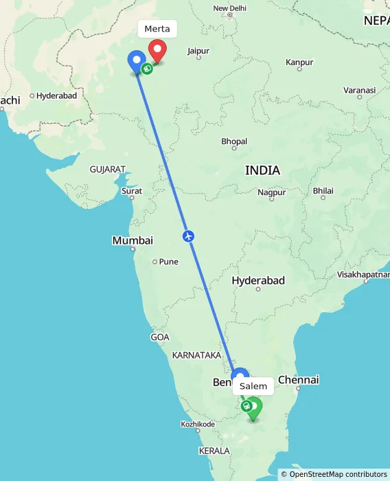 Route map showing distance and travel time from Salem, India to Merta, India