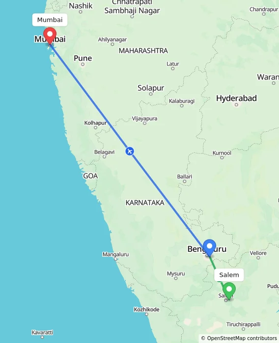 Route map showing distance and travel time from Salem, India to Mumbai, India