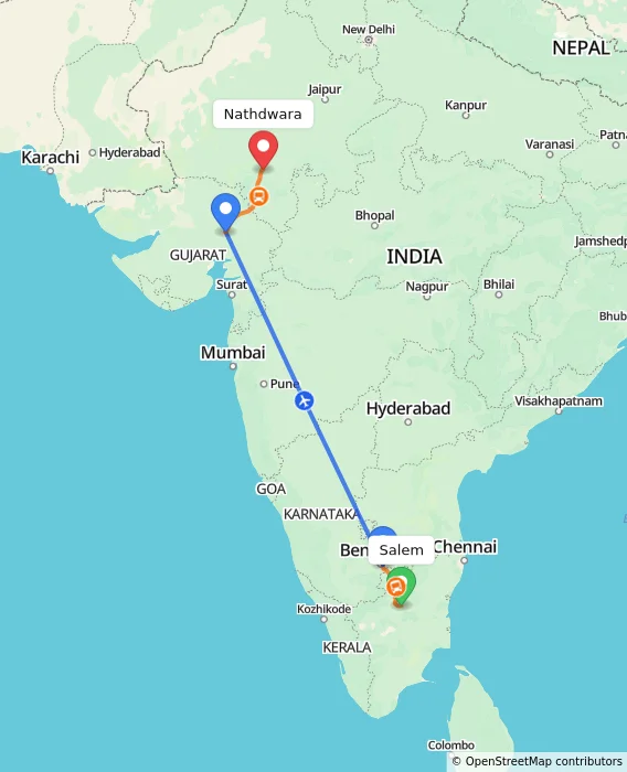 Route map showing distance and travel time from Salem, India to Nathdwara, India