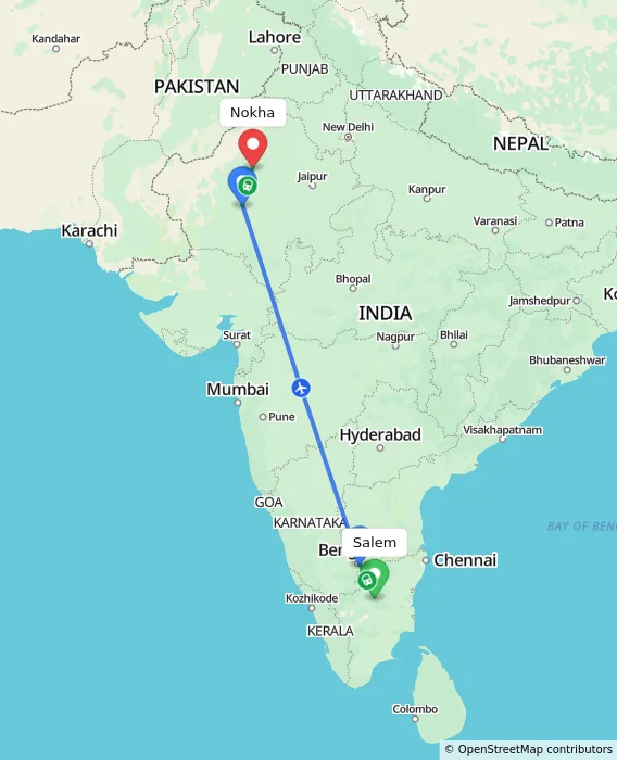 Route map showing distance and travel time from Salem, India to Nokha, India