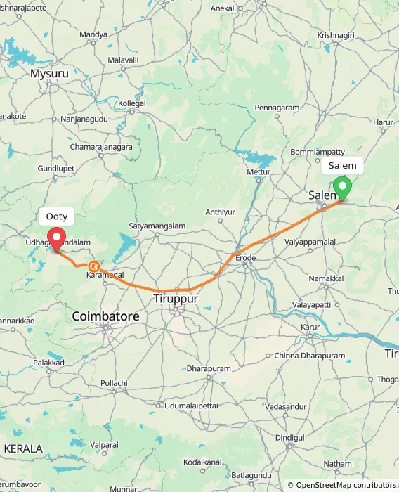 Route map showing distance and travel time from Salem, India to Ooty, India