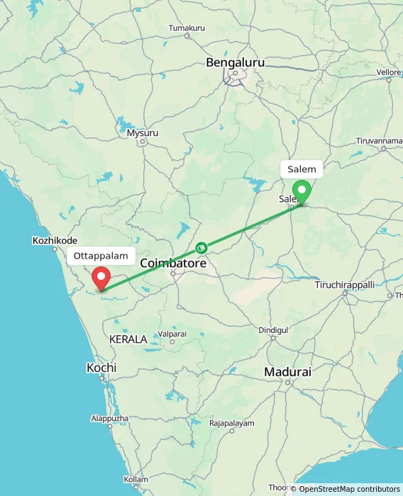 Route map showing distance and travel time from Salem, India to Ottappalam, India