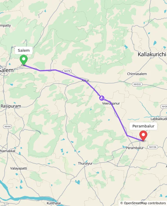 Route map showing distance and travel time from Salem, India to Perambalur, India