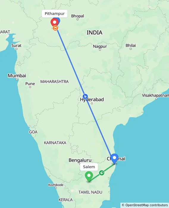 Route map showing distance and travel time from Salem, India to Pithampur, India