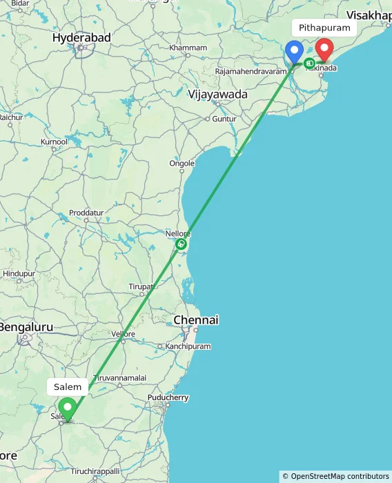 Route map showing distance and travel time from Salem, India to Pithapuram, India