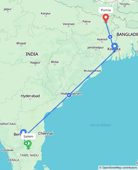 Route map showing distance and travel time from Salem, India to Purnia, India