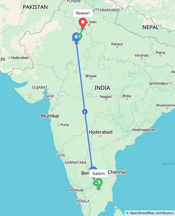 Route map showing distance and travel time from Salem, India to Rewari, India
