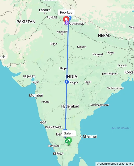 Route map showing distance and travel time from Salem, India to Roorkee, India