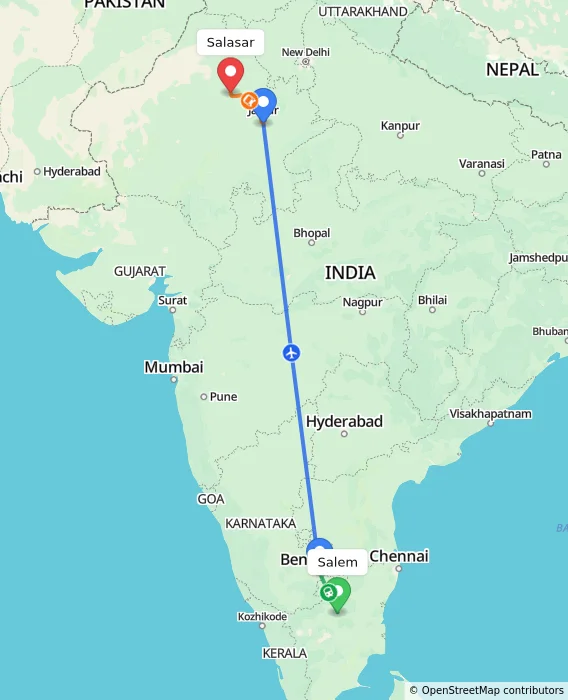 Route map showing distance and travel time from Salem, India to Salasar, India