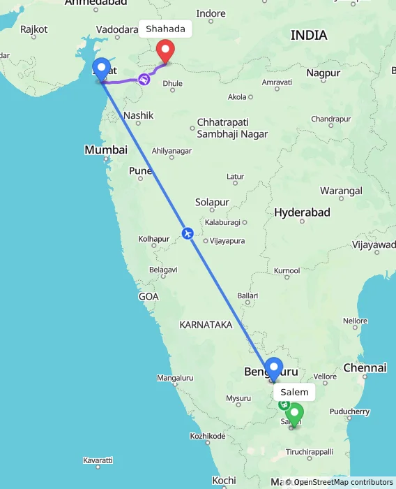 Route map showing distance and travel time from Salem, India to Shahada, India