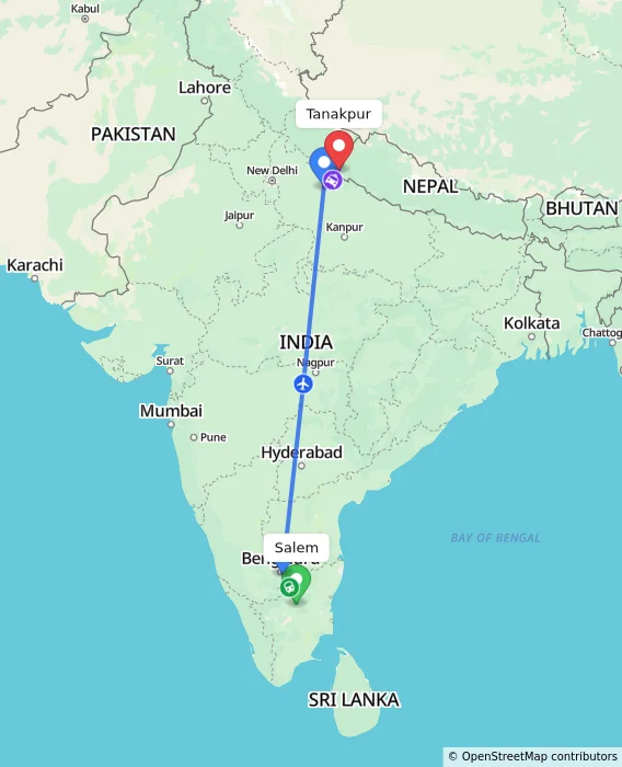 Route map showing distance and travel time from Salem, India to Tanakpur, India