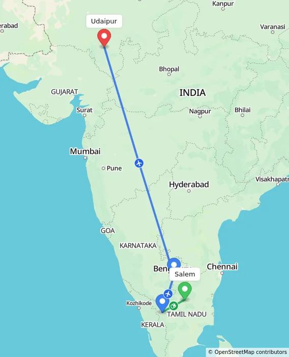 Route map showing distance and travel time from Salem, India to Udaipur, India