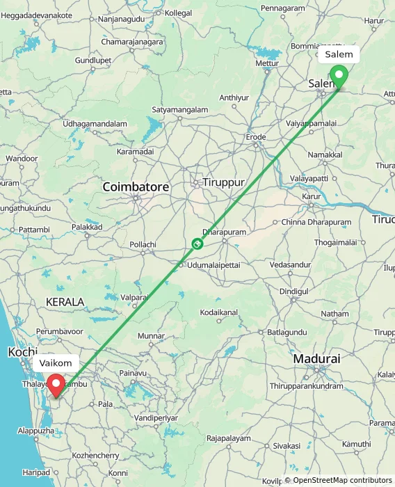Route map showing distance and travel time from Salem, India to Vaikom, India