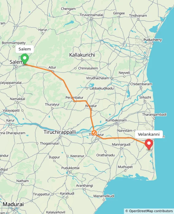 Route map showing distance and travel time from Salem, India to Velankanni, India