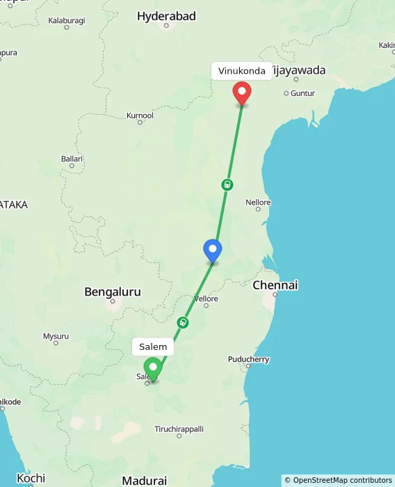 Route map showing distance and travel time from Salem, India to Vinukonda, India