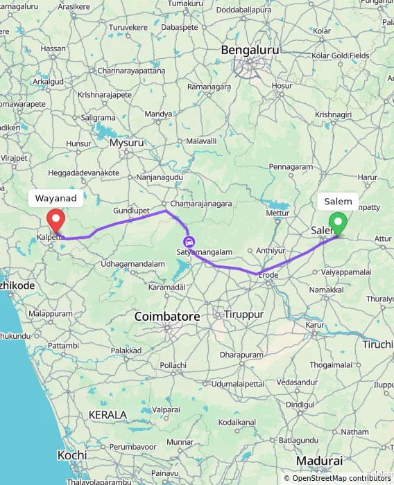 Route map showing distance and travel time from Salem, India to Wayanad, India