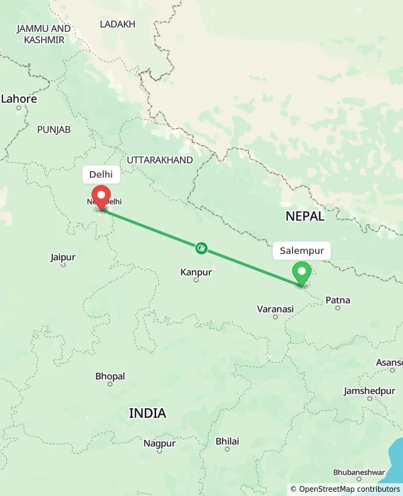 Route map showing distance and travel time from Salempur, India to Delhi, India