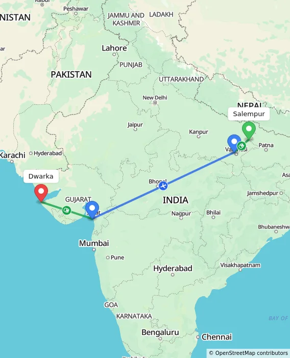 Route map showing distance and travel time from Salempur, India to Dwarka, India