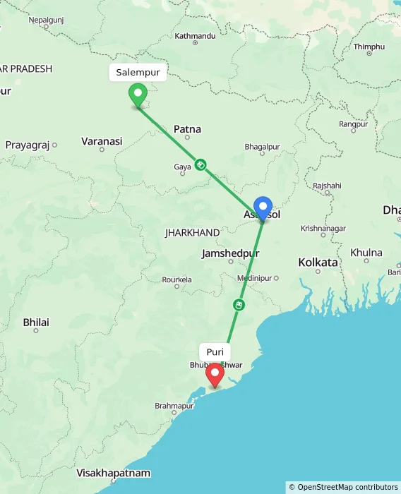 Route map showing distance and travel time from Salempur, India to Puri, India
