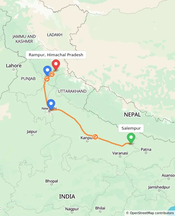 Route map showing distance and travel time from Salempur, India to Rampur, Himachal Pradesh, India