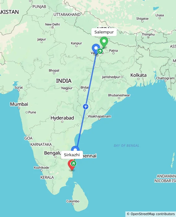 Route map showing distance and travel time from Salempur, India to Sirkazhi, India