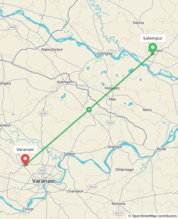 Route map showing distance and travel time from Salempur, India to Varanasi, India