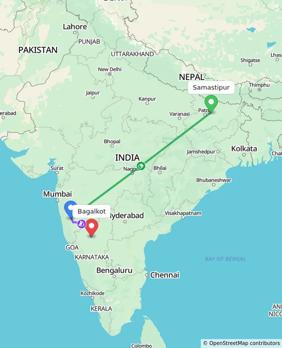 Route map showing distance and travel time from Samastipur, India to Bagalkot, India