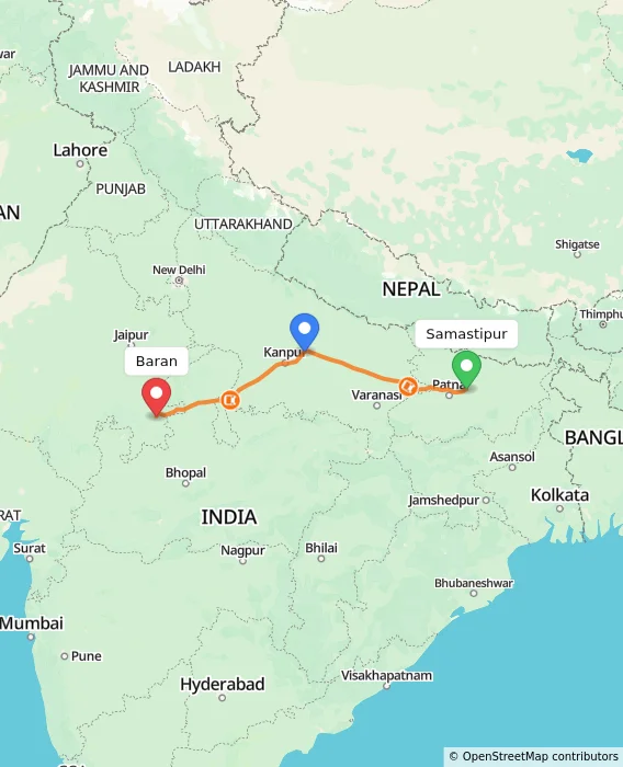 Route map showing distance and travel time from Samastipur, India to Baran, India